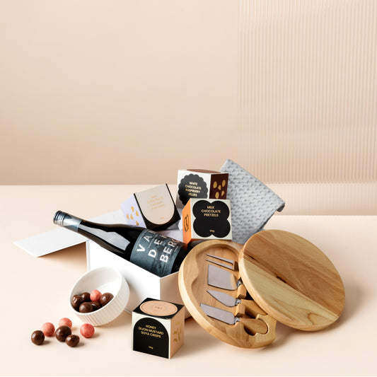 style-bundle-the-choc-and-cheers-hampers-for-employees-with-chocolate-and-wine-and-round-serving-board