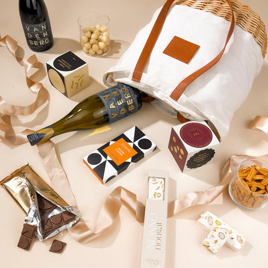 premium-corporate-gifts-for-clients-in-tote-bag-with-vandenberg-wine-and-snacks-with-koko-black
