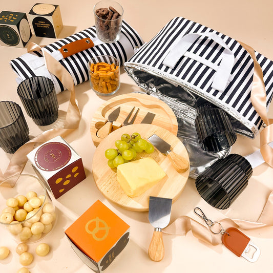 corporate-picnic-hamper-with-insulated-cooler-bag-and-cheese-board-with-knives-and-snacks
