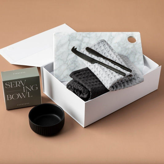 style-bundle-corporate-gift-hamper-with-tea-towels-and-black-dip-bowl-and-marble-serving-bard