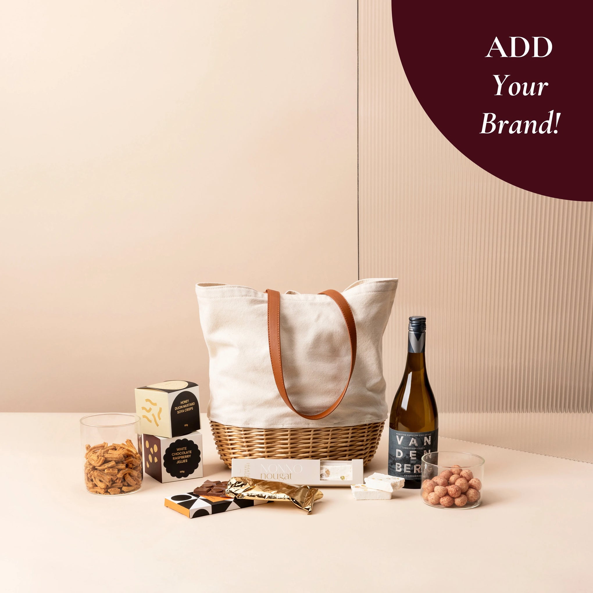 style-bundle-corporate-gifts-for-clients-with-canvas-basket-tote-and-vandenberg-wine-with-koko-black-chocolate-and-snacks