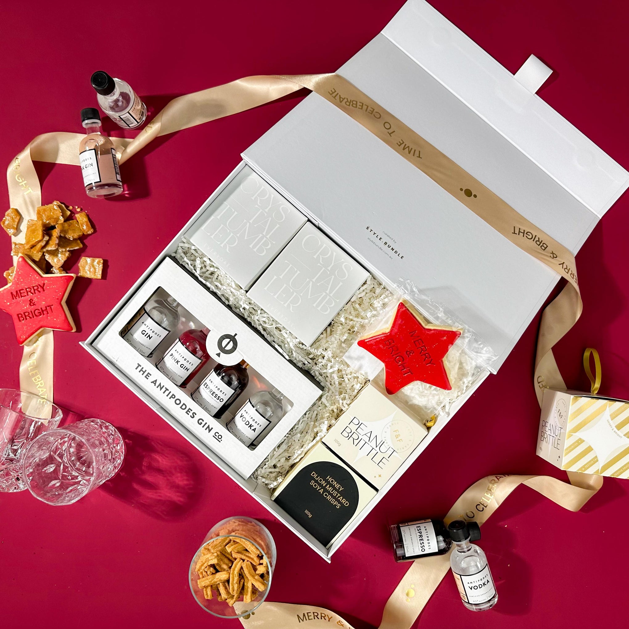 style-bundle-christmas-hamper-for-staff-with-antipodes-gin-sampler-pack-and-crystal-tumblers-with-christmas-treats