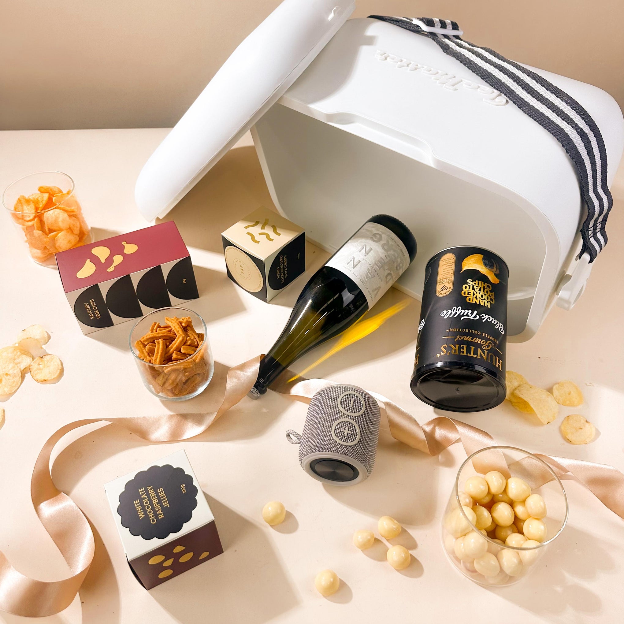 hamper-for-employees-with-esky-and-sparkling-wine-and-outdoor-speaker-wtih-snacks