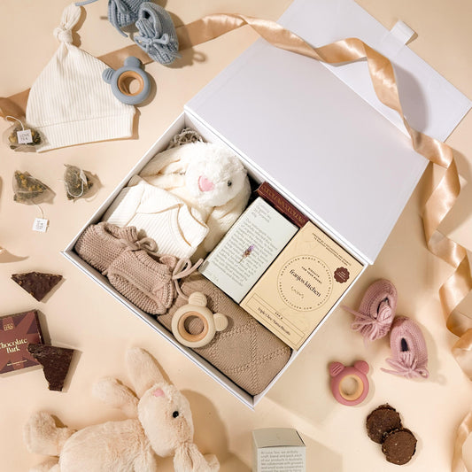 baby-gift-neutral-colours-for-new-mum-and-baby-with-bunny-toy-and-tea-and-chocolate